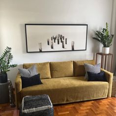 a living room with a couch, chair and potted plants on the side wall