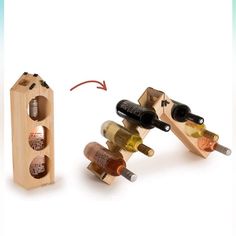 two wooden wine racks with bottles and corks attached to the sides, one holding several different types of wine