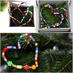 three different pictures of christmas decorations made out of plastic beads and string, including a heart shaped ornament