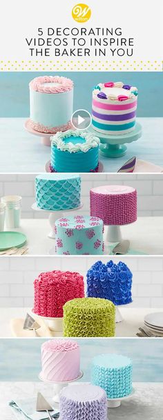 three different cakes with colorful icing on them and the words decorating videos to inspire the baker in you