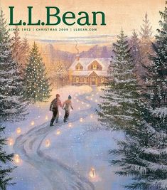 the cover of l l bean magazine features two people walking in the snow with lit candles