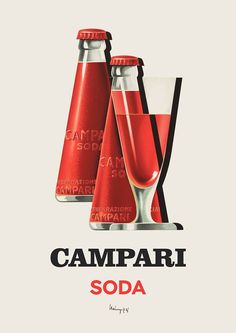 an advertisement for campari soda with three bottles and two glasses filled with red liquid