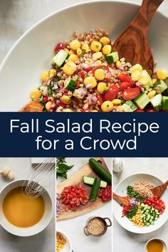 a collage of photos showing different types of salads and ingredients for a crowd