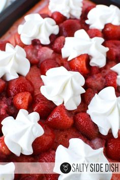 strawberries and whipped cream are on top of a dessert dish with the words salty side dish