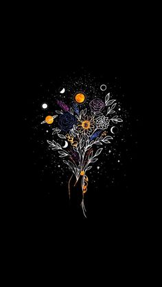 a bouquet of flowers on a black background with stars and moon in the sky above it