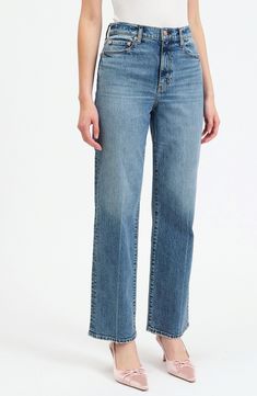 Low-stretch denim in the perfect dark wash elevates these vintage-inspired Dad jeans designed with straight legs and an always-on-trend high waist. 30 1/2" inseam; 16 1/2" leg opening; 12" front rise; 15 1/2" back rise (size 29) Zip fly with button closure Five-pocket style 65% cotton, 34% organic cotton, 1% elastane Machine wash, tumble dry Imported Easy Like Sunday Morning, Perfect Dark, Fall Wardrobe Essentials, Dad Jeans, Tough Love, Vintage Fits, Take It Easy, Sports Blazer, Made Clothing