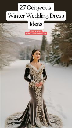 a woman in a wedding dress standing in the snow