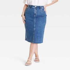 The Midi Denim Skirt from Ava & Viv™ makes a great pick for casual wear. Crafted from soft, stretchy fabric for comfy wear, it brings relaxed style to your look. The fly button and zipper closure helps you get the perfect fit with every wear, and the side pockets provide space for on-the-go essentials. Complete the look with your choice of tops and footwear. Trend Outfits, Midi Denim Skirt, Fitted Midi Skirt, Slim Skirt, Comfy Wear, Midi Denim, Denim Maxi Skirt, Weekend Brunch, Denim Midi Skirt