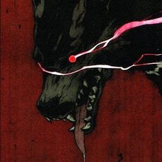 a painting of a black dog with red eyes