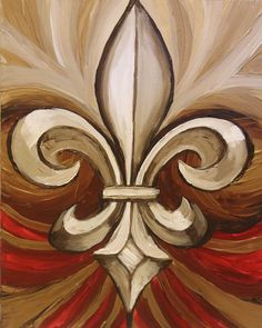 an oil painting of a fleur de lis design on canvas, with red and white stripes