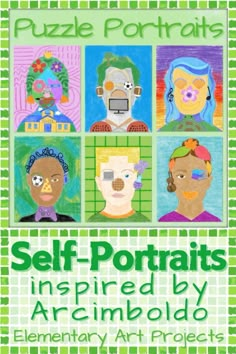 the book cover for self portraits inspired by an art project, featuring four different faces