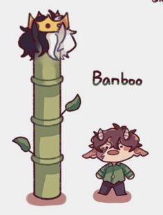 an animal is standing next to a tall bamboo pole with another animal on it's head