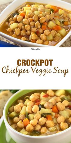 crockpot chickpea veggie soup in a green bowl