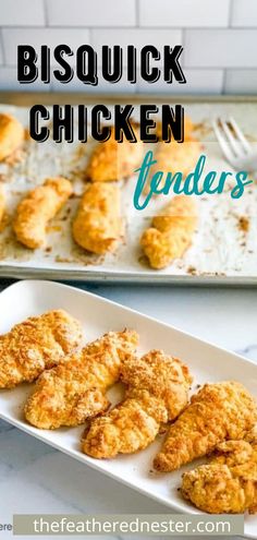 some chicken tenders are on a white plate and in the background is a baking sheet