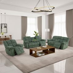 a living room filled with green couches and chairs next to a coffee table on top of a rug