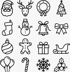 black and white christmas icons on a white background