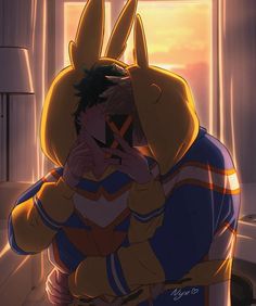 an anime character hugging another character in front of a window