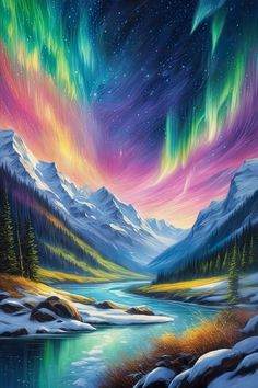 an oil painting of the aurora bore over a mountain lake