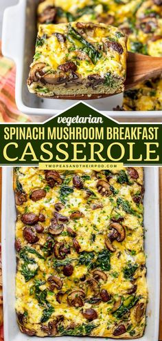 spinach mushroom breakfast casserole in a white dish