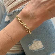 All Our Bracelets Are Made Of REAL 14K GOLD  14K Yellow Gold Oval And Round Link Chain Bracelet, 7.5" Inch, 6.3mm Thick, Real Gold Bracelet, Polished And Textured Links, Women  Shop our 14K Bracelets https://www.etsy.com/shop/GOLDMANIA?ref=seller-platform-mcnav§ion_id=26925987  Shop On Sale items https://www.etsy.com/shop/GOLDMANIA?ref=seller-platform-mcnav§ion_id=1  Metal: 14K Yellow Gold    Width: 6.3 MM  Length: 7.5 IN  Closure: Lobster claw Weight: 4.90 Gram   Hollow gold bracelet   SHIPPED Gold Chain Link Bracelet With Box Chain, Luxury Paperclip Chain Link Bracelet, Gold Bracelet With Box Chain For Formal Occasions, Yellow Gold Bracelets With Rectangular Links, Yellow Gold Chunky Chain Link Bracelet, Yellow Gold Bracelet With Chain Link Strap, Gold Plated Oval Bracelet, Tarnish Resistant Gold Oval Bracelet, Yellow Gold Oval Link Paperclip Bracelet