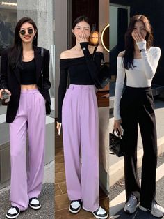 School Outfits University, Preppy Back To School Outfits, Purple Pants Outfit, University Outfits, Color Combos Outfit, Korean Outfit Street Styles, High School Outfits, Elegant Outfit Classy, Trouser Outfit