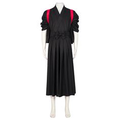 a black dress with red trims and sleeves