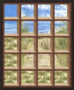 an image of a window with the ocean in the background and grass on the outside