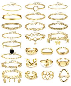 PRICES MAY VARY. 【Gold Bracelet Pack】To make you looks more charming, we have prepared 16 pcs womens gold bracelet set, such as chunky bracelet gold, star gold bracelet, heart bracelets gold, and other gold bracelet set for women. Besides，there are also 9 chunky gold rings of gold bracelet sets, such as signet gold chunky rings, open X gold rings chunky, gold chunky dome rings, croissant chunky gold ring, chain chunky ring set, ect. 【Adjustable Ring and Bracelet Set】To match different sizes, the Gold Necklaces Trendy, Gold Jewelry Ideas For Women, Rings And Bracelets, Cute Cheap Gold Bracelets, Rings Amazon, Gold Chunky Bracelets, Cheap Chunky Gold Jewelry, Amazon Gold Jewelry, Gold Jewelry Old Money