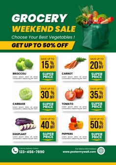 grocery weekend sale flyer with vegetables and fruits in the bag on yellow, green and white background