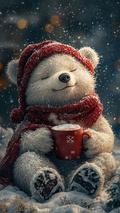 a white teddy bear wearing a red scarf and holding a coffee cup in the snow