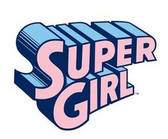 the super girl logo is shown in pink and blue letters on a white background,