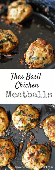 thai basil chicken meatballs in a skillet with text overlay that reads thai basil chicken meatballs