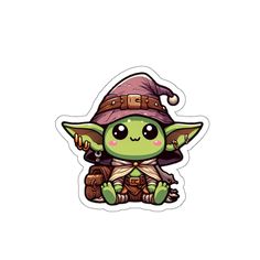 a sticker with an image of a baby yoda sitting on the ground wearing a hat