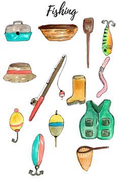 watercolor and ink drawings of fishing items on a white background with the words fishing written in black