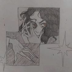 a pencil drawing of a woman holding her hand up to her face and looking through the window