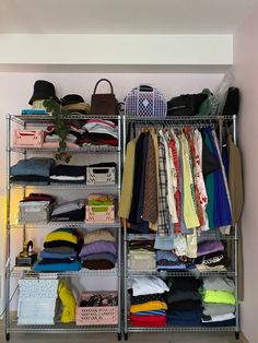 an organized closet with clothes and handbags