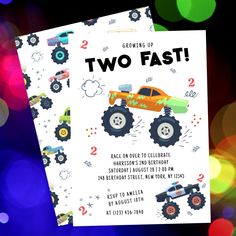 a birthday card with monster trucks on it and the words two fast written in black