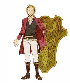 a drawing of a man in a red coat and white pants standing next to a shield