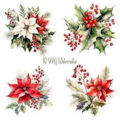 four watercolor christmas decorations with holly and poinsettis