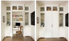 two pictures of a white bookcase with chalkboard on it