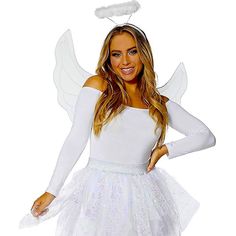 a woman in a white dress with angel wings on her head and hands behind her back