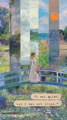 a woman standing on top of a bridge next to a pond filled with water lilies