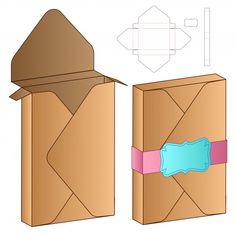 an open envelope with a blue ribbon tied around the front and side, cut out from cardboard