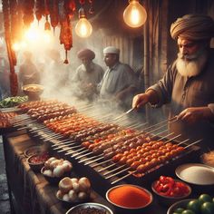 an old man cooking food on a grill