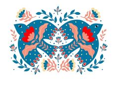 two birds with red and blue feathers on their wings, surrounded by leaves and flowers