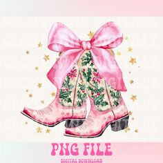 a pair of pink boots with bows and holly leaves on them, sitting in front of the words png file