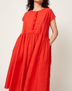 Red Ruffled Dress For Daywear, Red Ruched Cotton Dress, Red Ruched Dress For Daywear, Poplin Dress, A Dress, New Arrivals, Round Neck, Dresses, Quick Saves