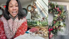 a woman sitting at a table in front of wreaths and other christmas decorations with the words make a wreath with me