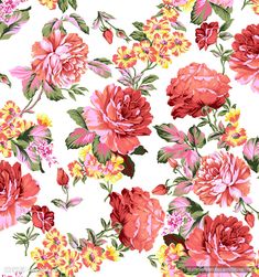 an image of a flower pattern on a white background with red, yellow and pink flowers