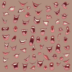 an assortment of cartoon mouths and teeth with different expressions on a brown background, illustration